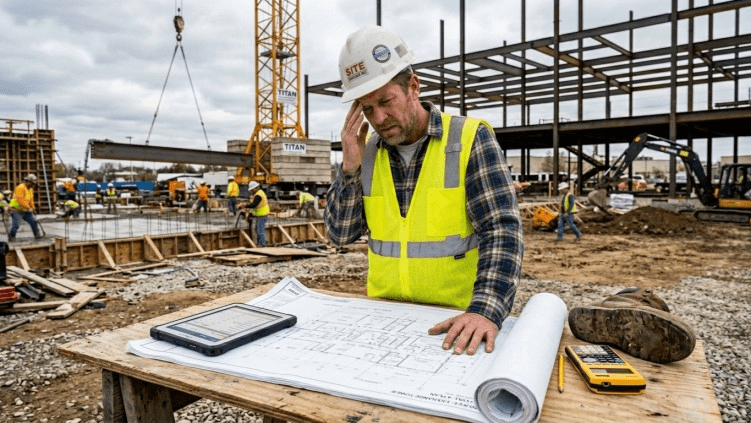 A stressed construction project manager in a hard hat holding his head while reviewing detailed blueprints on a tablet at a chaotic job site. He is likely experiencing the consequences of lacking an accurate construction cost estimator, leading to budget and schedule delays. The background features unfinished structural steel and a tower crane.