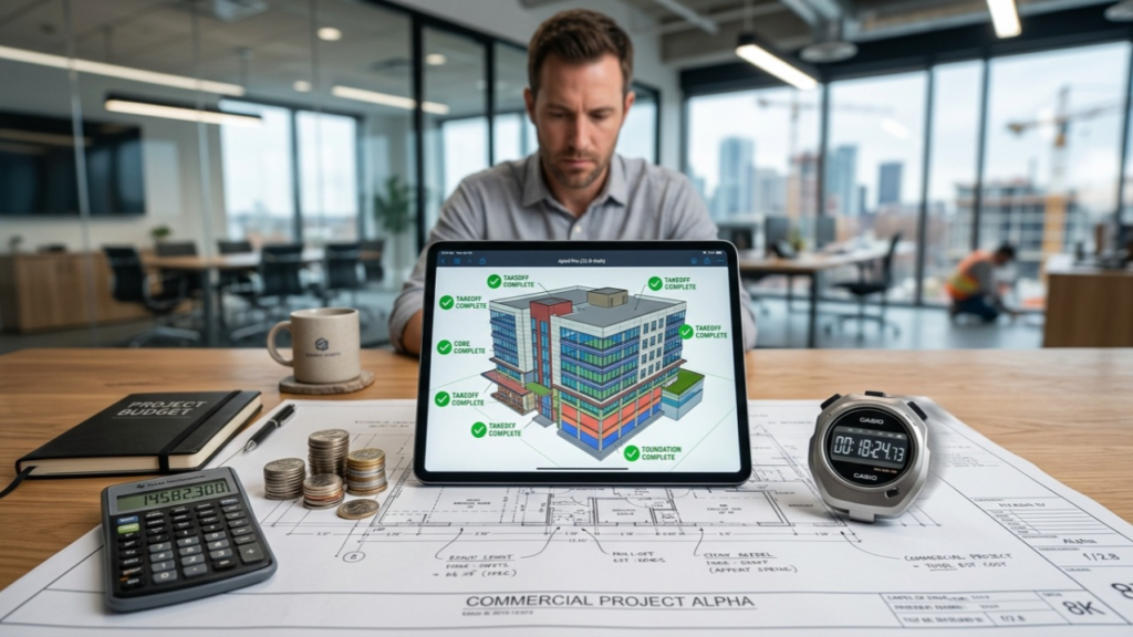 A construction estimator reviewing a fast and accurate commercial takeoff on a digital tablet, alongside blueprints, a stopwatch, and budget management coins.