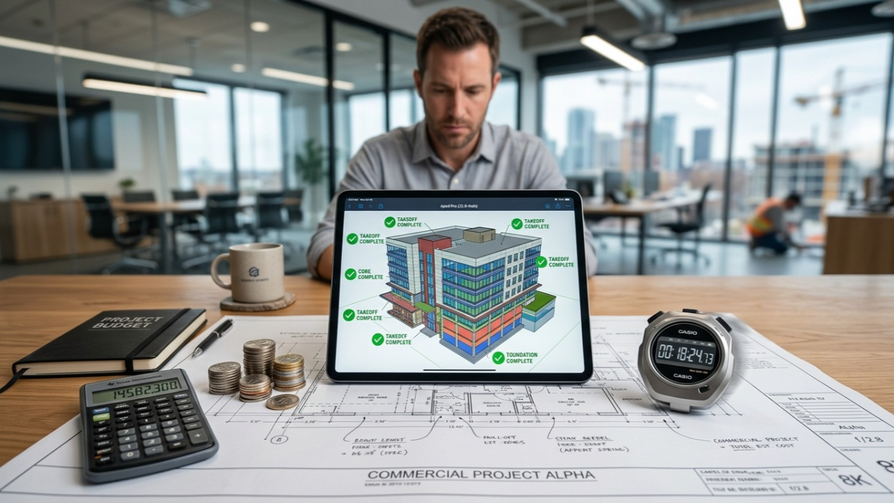 A construction estimator reviewing a fast and accurate commercial takeoff on a digital tablet, alongside blueprints, a stopwatch, and budget management coins.