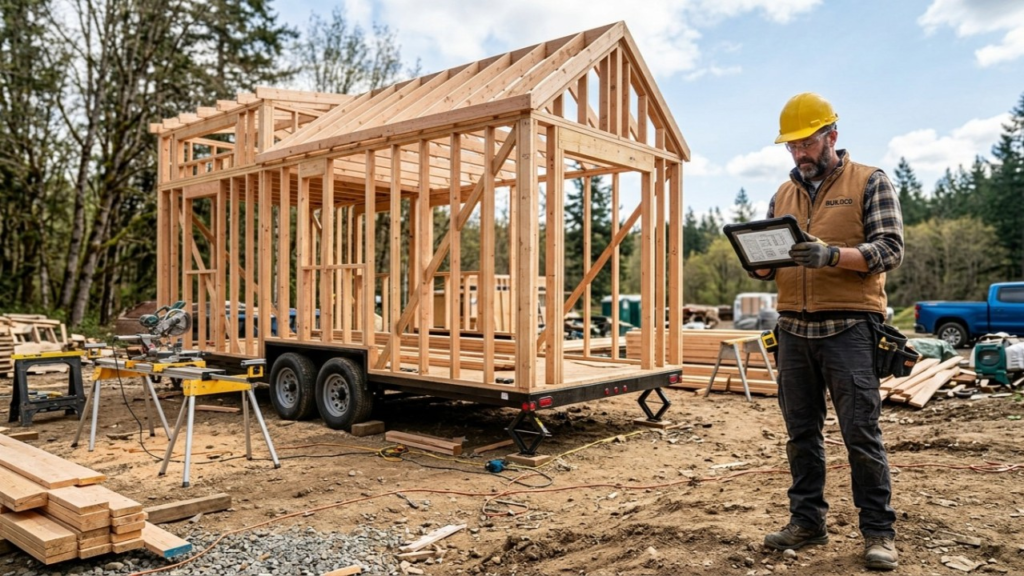 A contractor reviewing plans on a digital tablet while preparing to build a tiny house on a custom trailer.