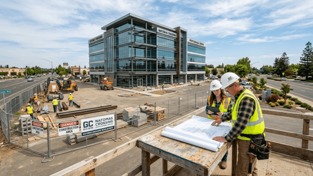 A commercial building inspector and a colleague reviewing project blueprints at an active modern office construction site.