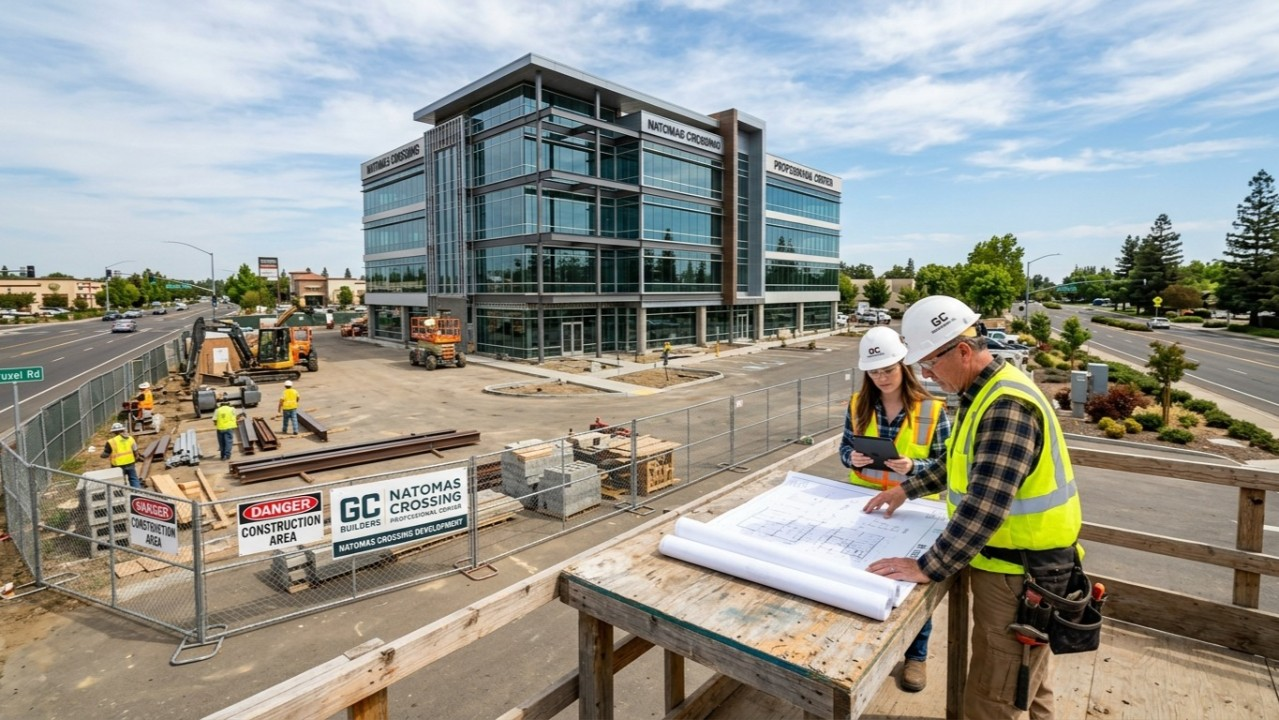 A commercial building inspector and a colleague reviewing project blueprints at an active modern office construction site.
