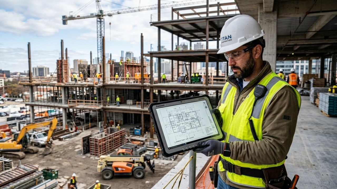 A project manager using a rugged digital tablet at an active commercial site to review plans for accurate construction pricing services.