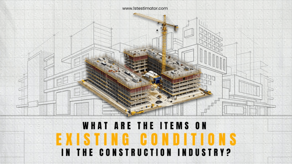 3D rendering of an under-construction multi-story building and crane on a blueprint grid, highlighting items for accurate Existing Conditions Estimating.