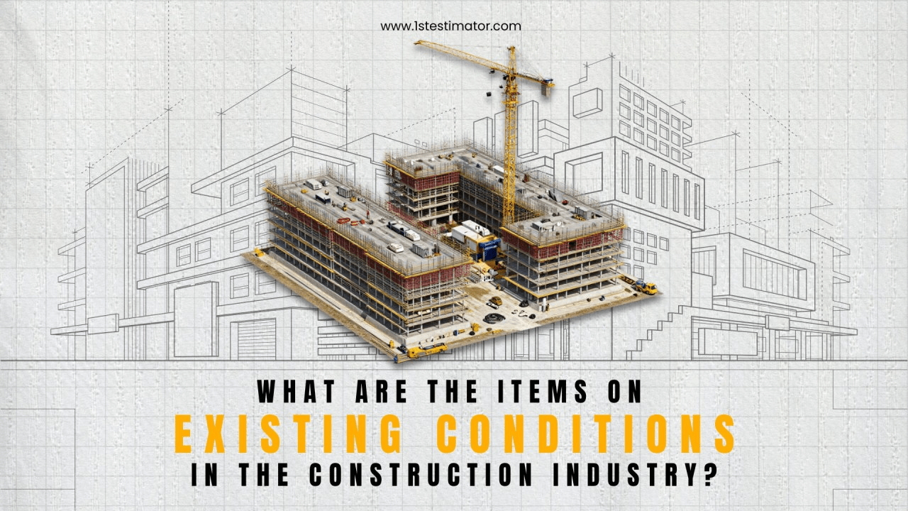 3D rendering of an under-construction multi-story building and crane on a blueprint grid, highlighting items for accurate Existing Conditions Estimating.