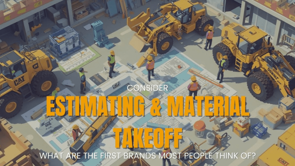 3D illustration of workers on blueprints and construction machinery discussing estimating & material takeoff brands.