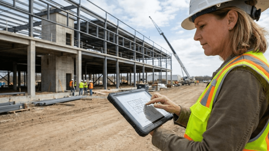 onstruction manager reviewing accurate digital takeoffs on a tablet to prevent material shortages.