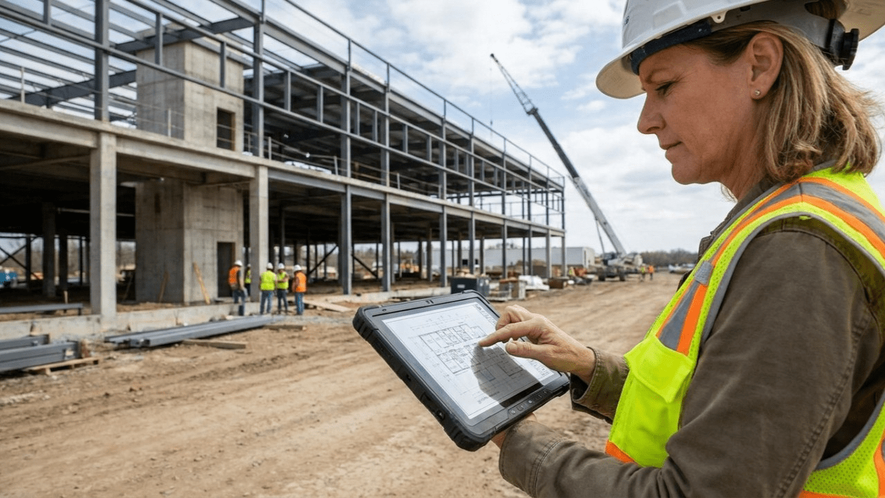 onstruction manager reviewing accurate digital takeoffs on a tablet to prevent material shortages.
