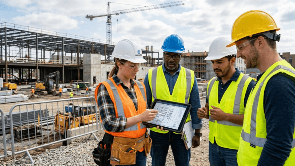 A diverse team of on-site professionals including a project manager holding a rugged tablet collaborates to review project data, a critical step for accurate construction cost estimating for developers. They are surrounded by an active construction zone with a steel-frame building and a tower crane.