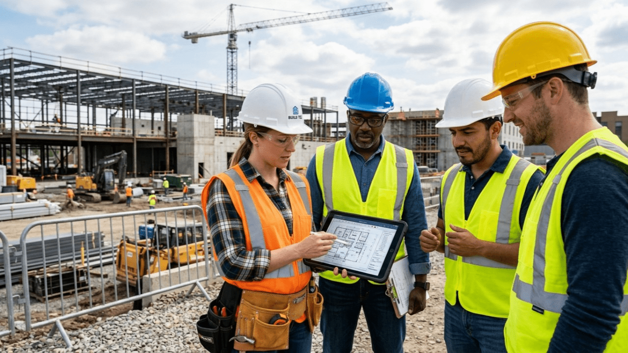A diverse team of on-site professionals including a project manager holding a rugged tablet collaborates to review project data, a critical step for accurate construction cost estimating for developers. They are surrounded by an active construction zone with a steel-frame building and a tower crane.