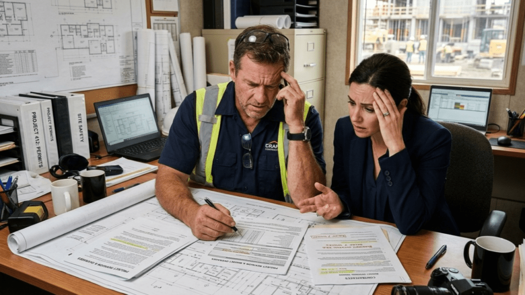 A stressed contractor and client reviewing project paperwork, highlighting exactly what is the difference between a contractor estimate and a quote to avoid budget disputes.