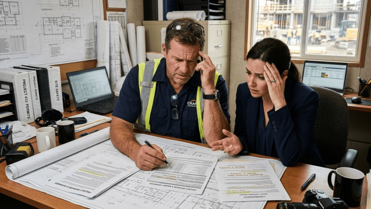A stressed contractor and client reviewing project paperwork, highlighting exactly what is the difference between a contractor estimate and a quote to avoid budget disputes.