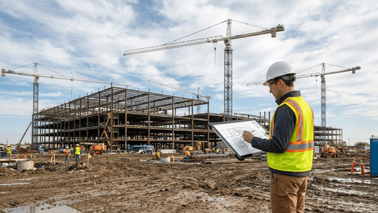 Professional estimator reviewing blueprints at a commercial building site to ensure accurate construction estimates and precise construction cost estimating.