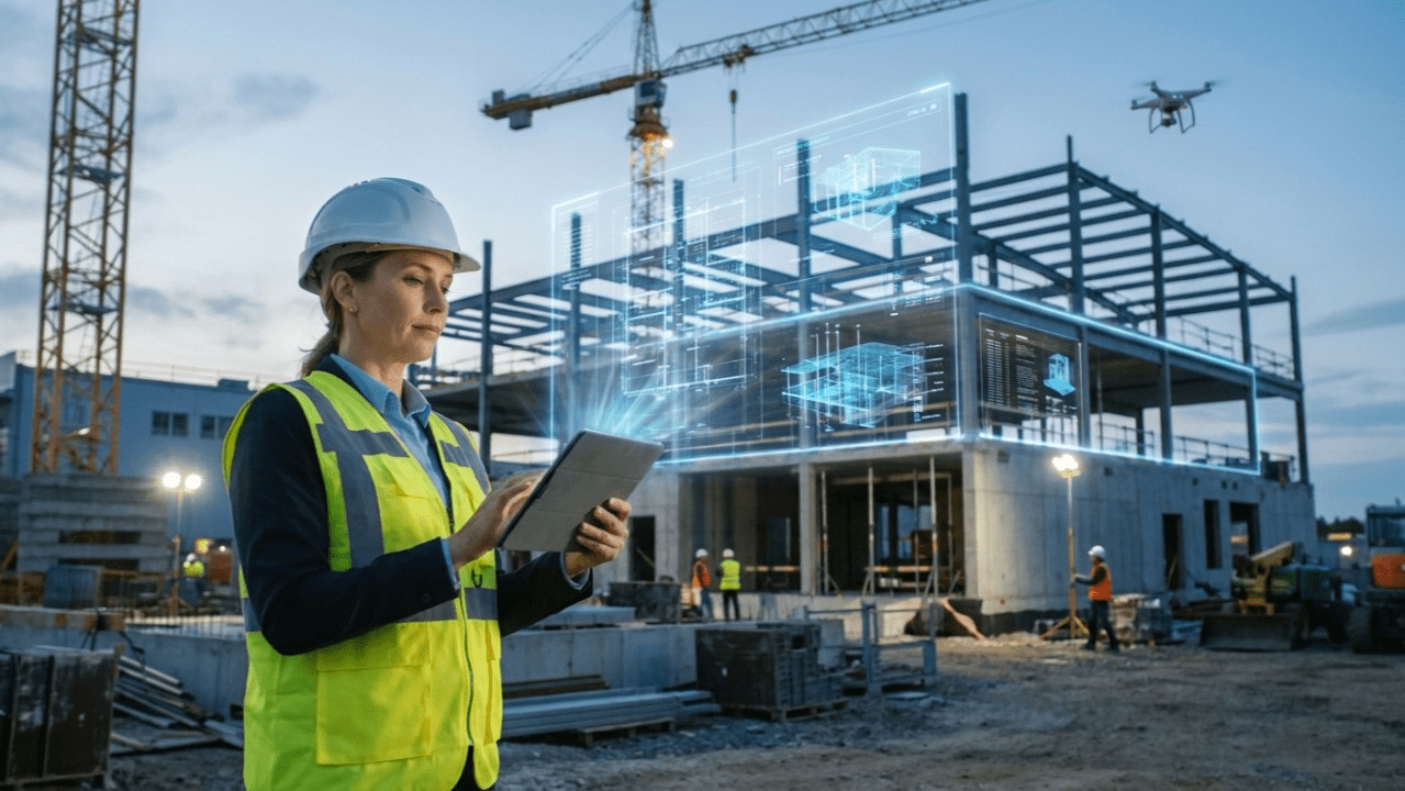 A construction manager reviewing a digital 3D building model on a tablet, representing the modern workflow of outsourcing construction estimating to a third-party estimation firm.