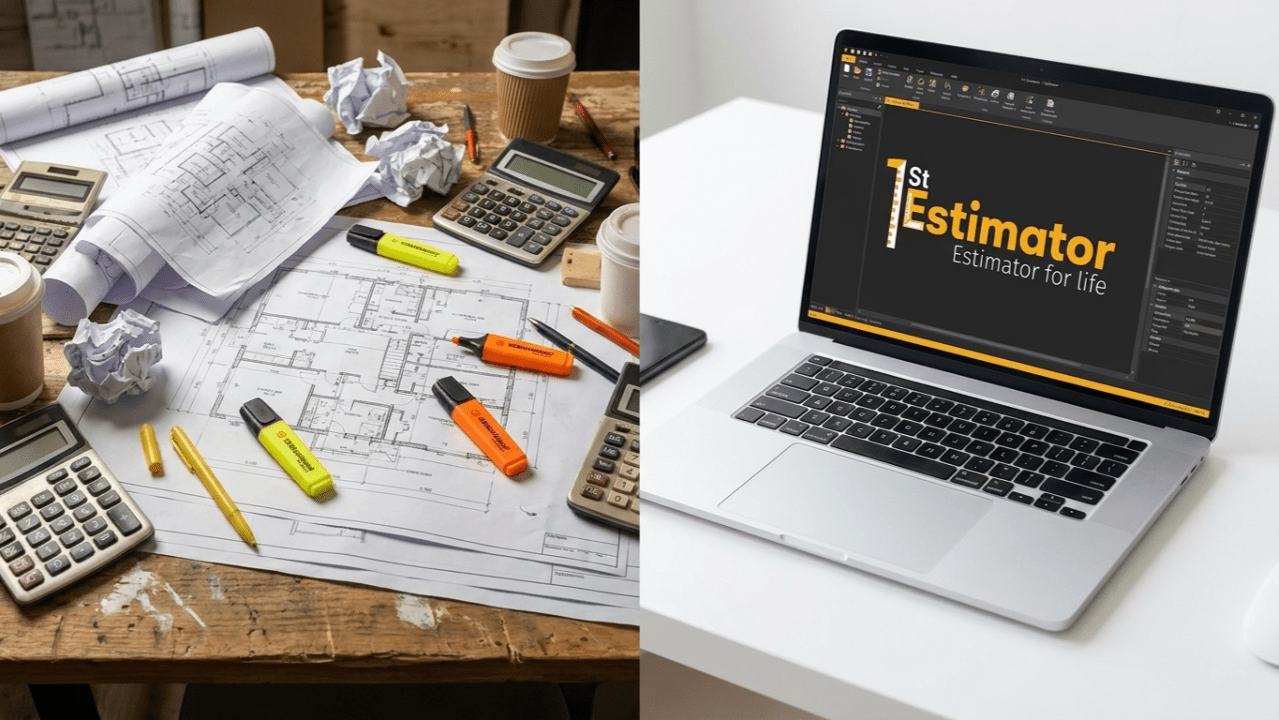Split screen comparing messy manual calculations to modern construction estimating software. A laptop displays the best software for estimators, utilizing digital takeoff tools for accurate planning.