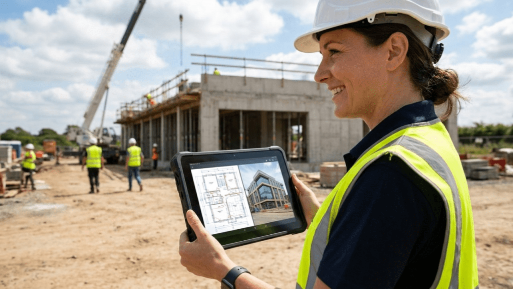 Female estimator reviewing bidding documents and project scope on a tablet to begin the construction estimate process on-site.