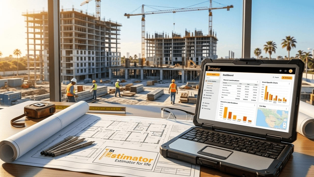 Rugged laptop displaying 1st Estimator dashboard on blueprints overlooking a sunny job site highlighting bid estimating software cost Florida contractors face today