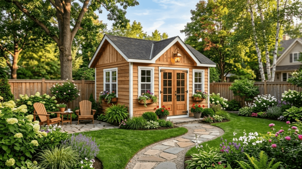 Beautiful finished wooden backyard shed showing the final result of your 12x16 shed cost including foundation and roofing.