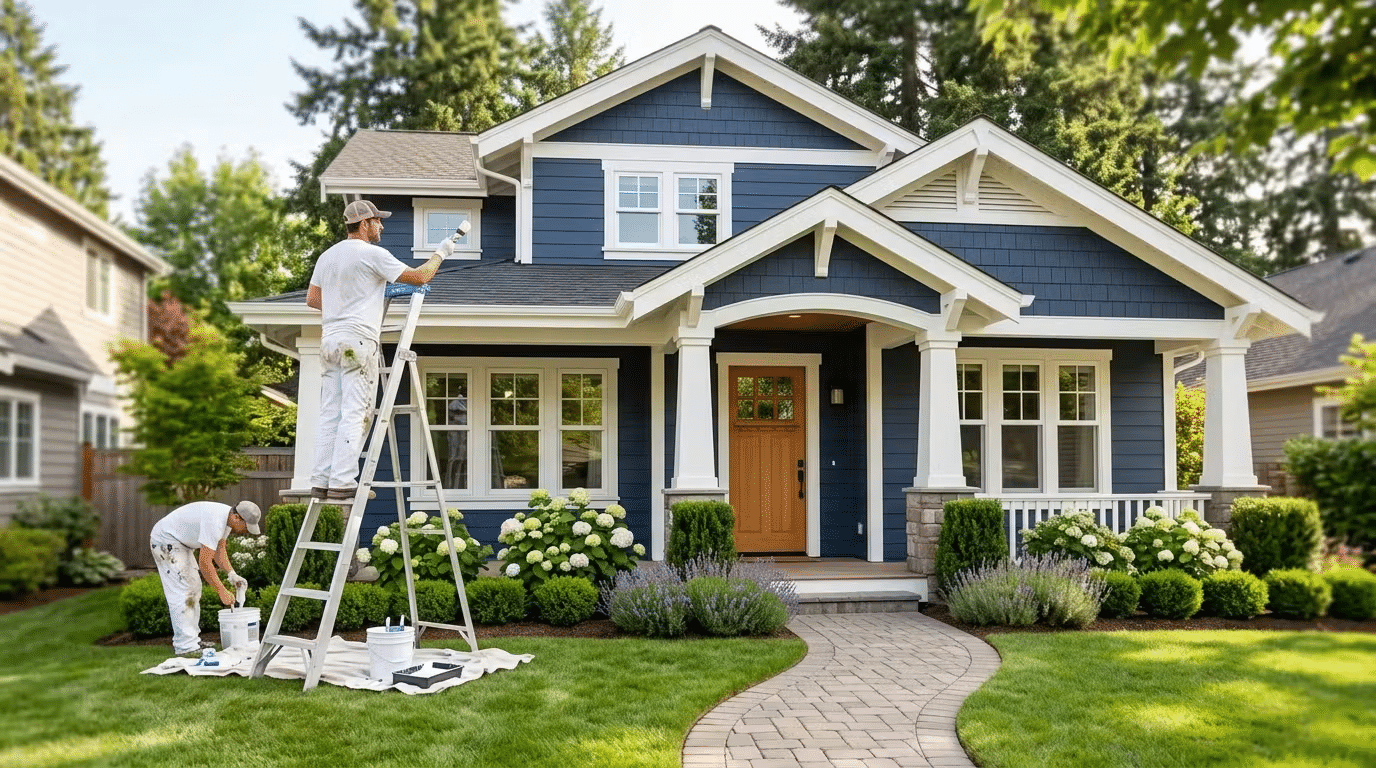 Two professional painters working on a blue home to demonstrate the factors affecting house painting exterior cost and overall exterior house painting cost
