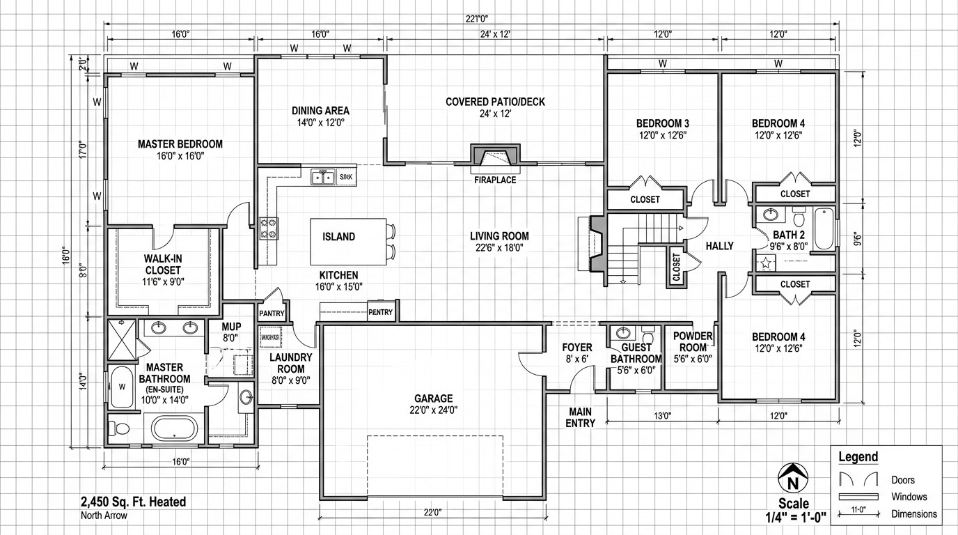 average square footage of a 4 bedroom house floor plan