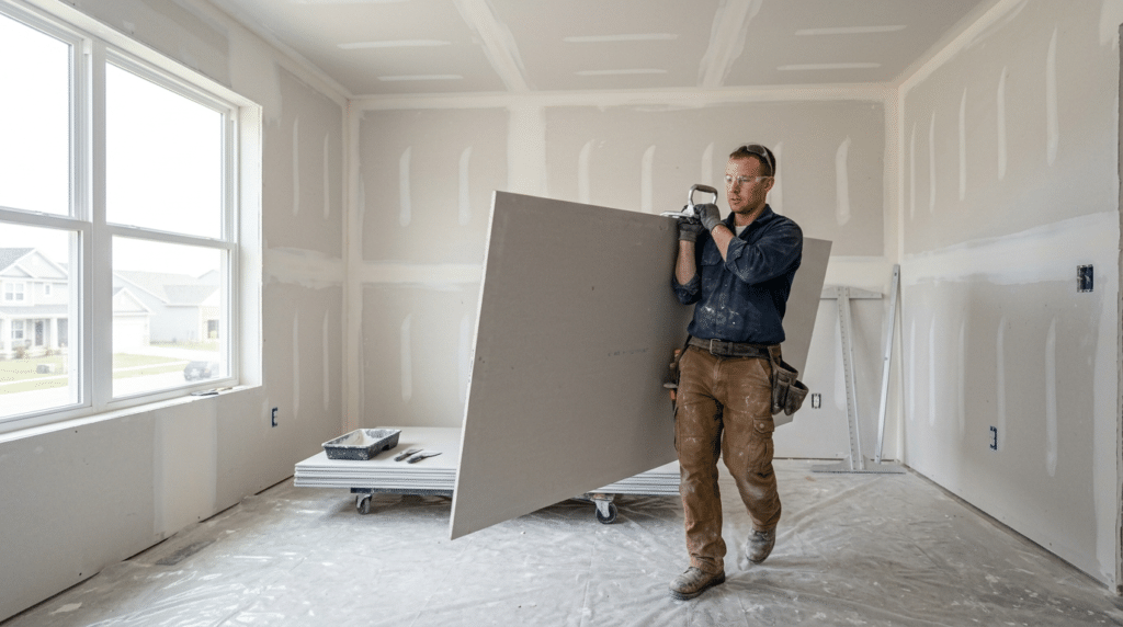 Professional construction worker carrying a drywall panel in an unfinished room, representing the overall sheetrock cost installed.