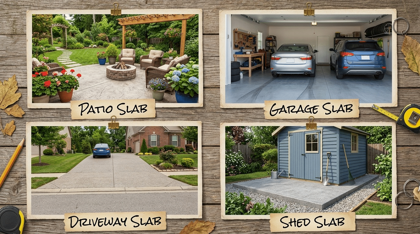 Concrete slab types: patio, garage, driveway, shed