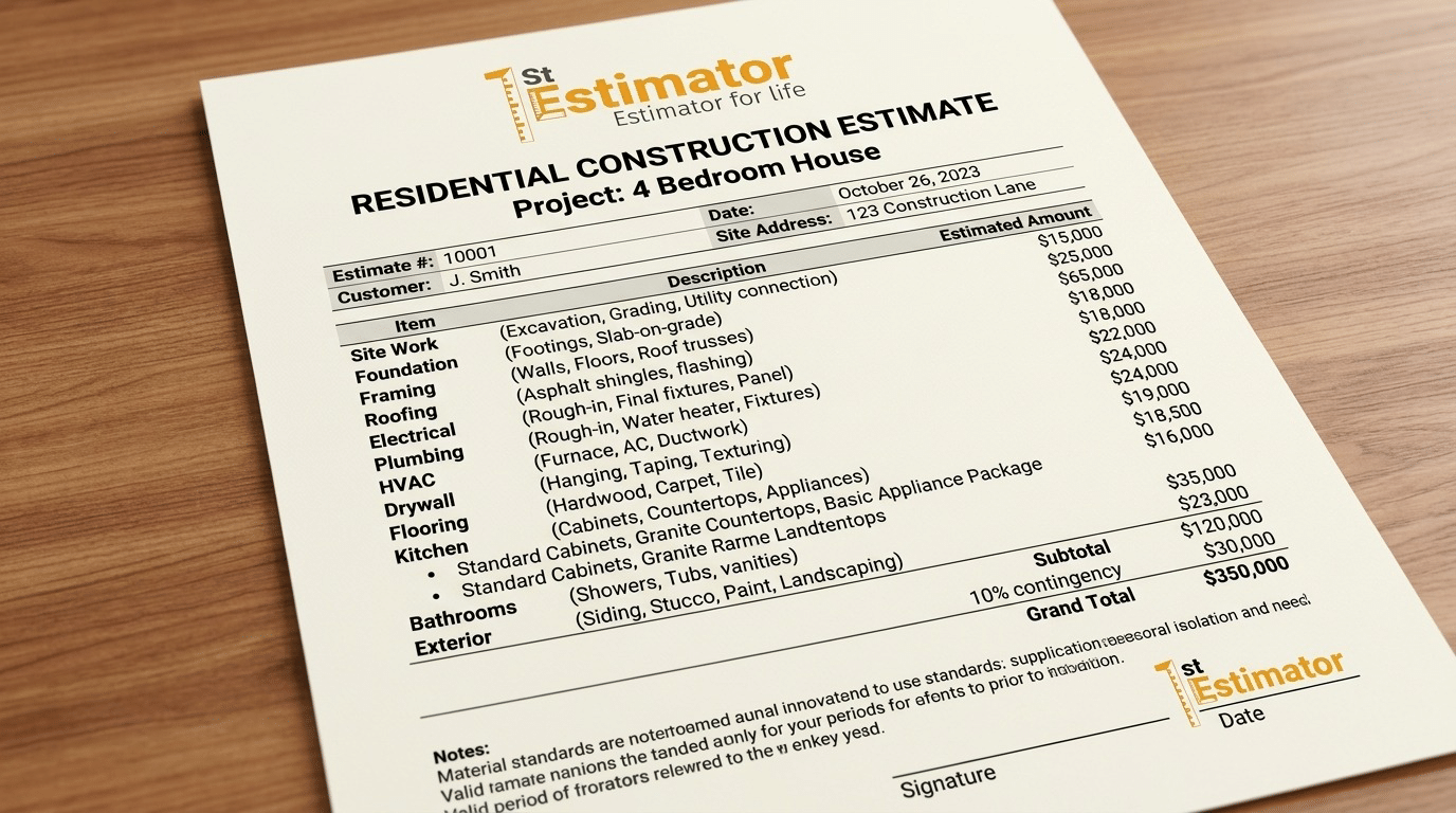 professional construction cost estimate for a 4 bedroom house