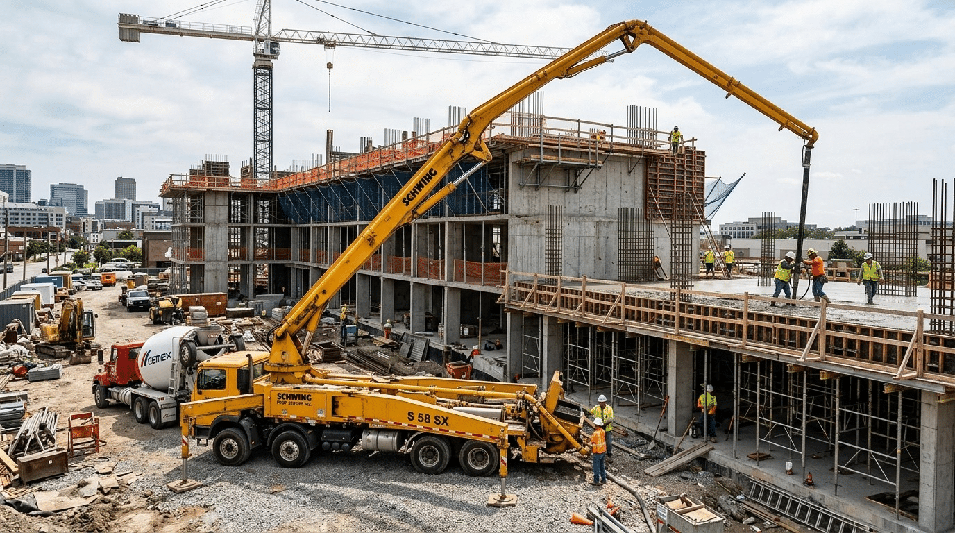 Concrete pump truck placing a slab