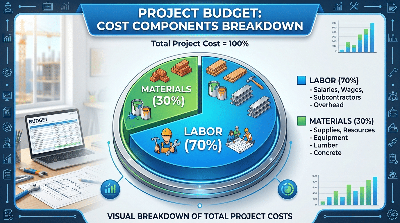 Project budget pie chart showing the total sheetrock cost installed divided into 70 percent labor cost to install sheetrock and 30 percent sheetrock material cost 