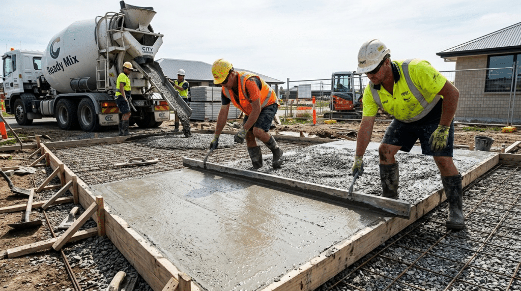 Contractor pouring a residential concrete slab in 2026