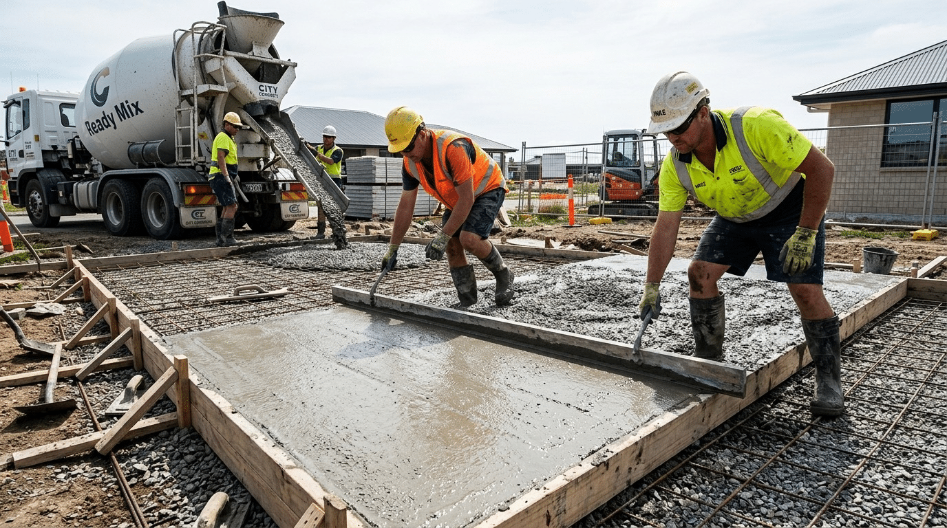 Contractor pouring a residential concrete slab in 2026