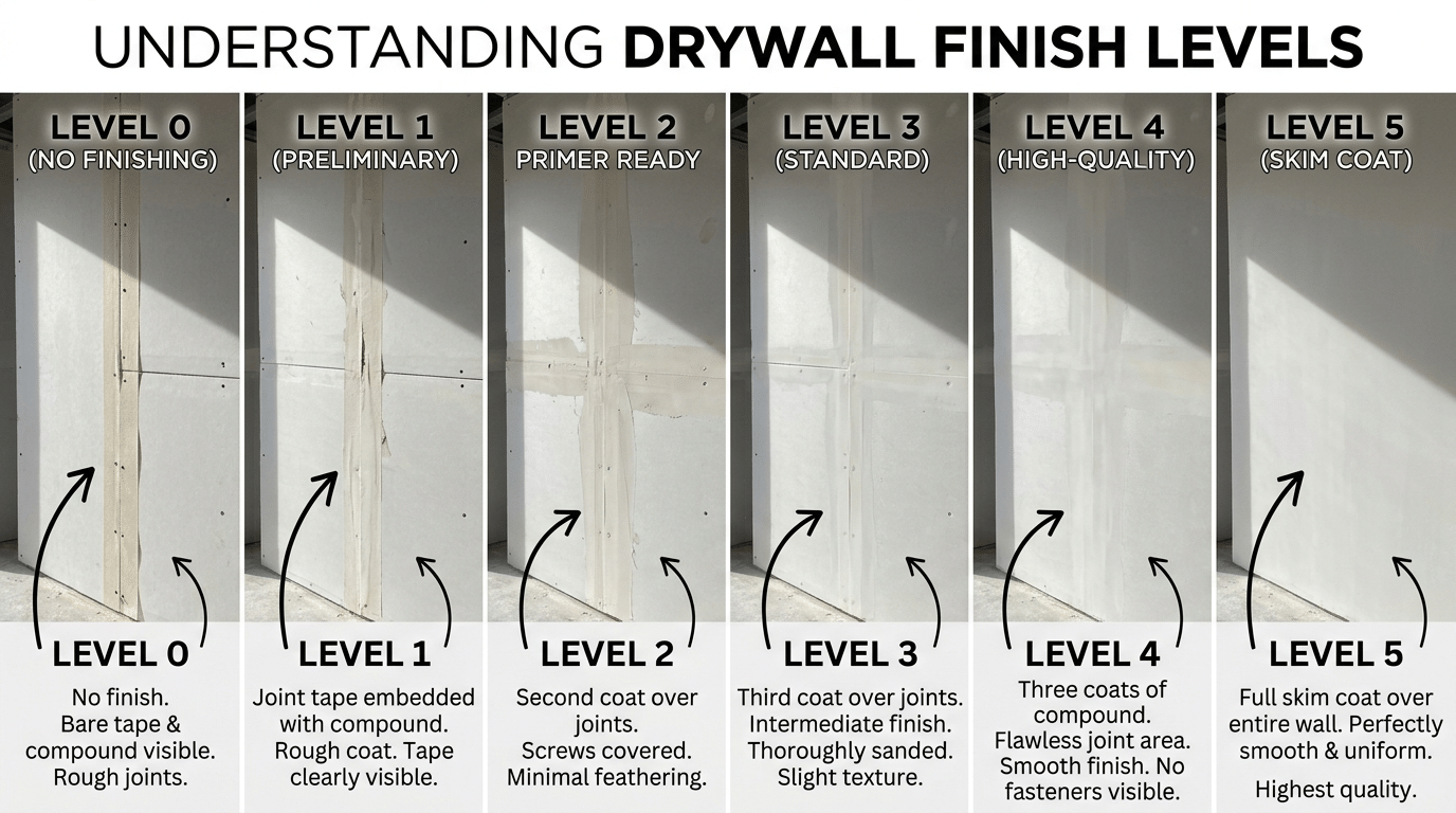 Visual guide comparing drywall finish levels from zero to five to explain the cost to finish drywall and the overall sheetrock cost installed. 