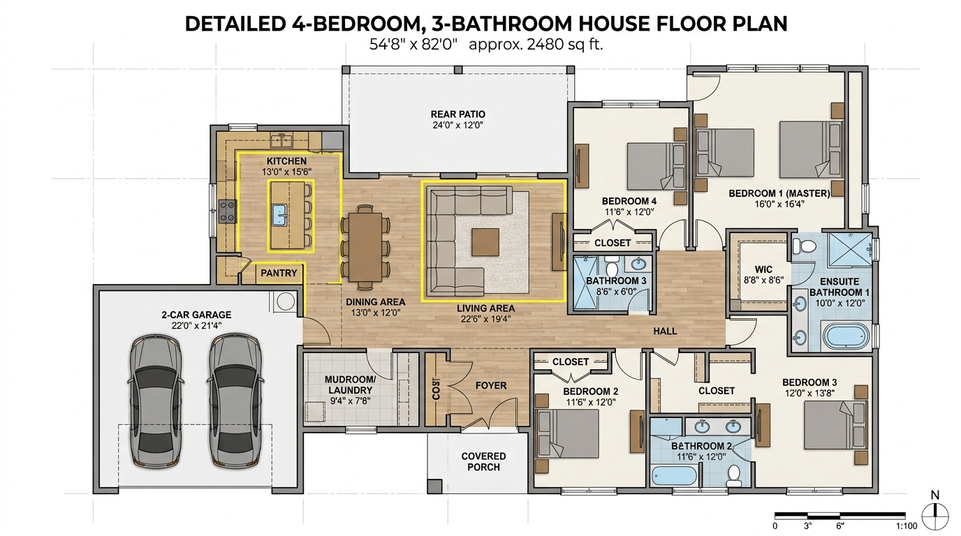 4 bedroom 3 bathroom house floor plan