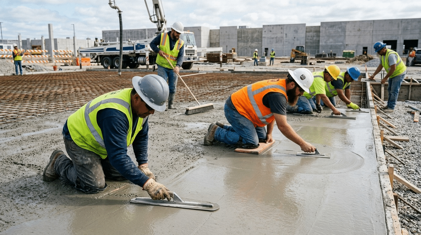 Concrete finishers troweling a slab
