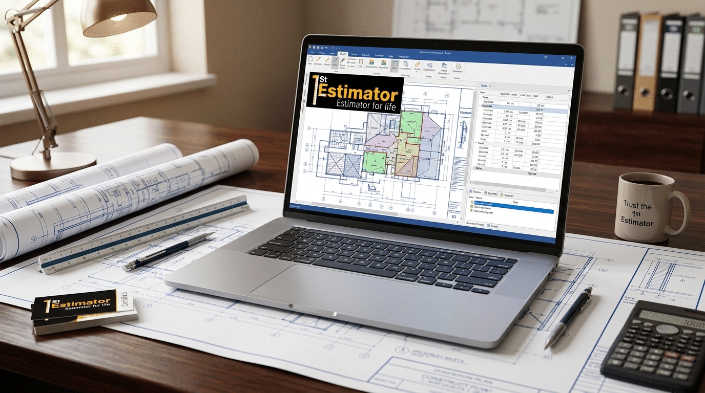 Laptop displaying a floor plan and 1st Estimator software acting as a sheetrock cost installed calculator to determine the overall sheetrock cost installed. 