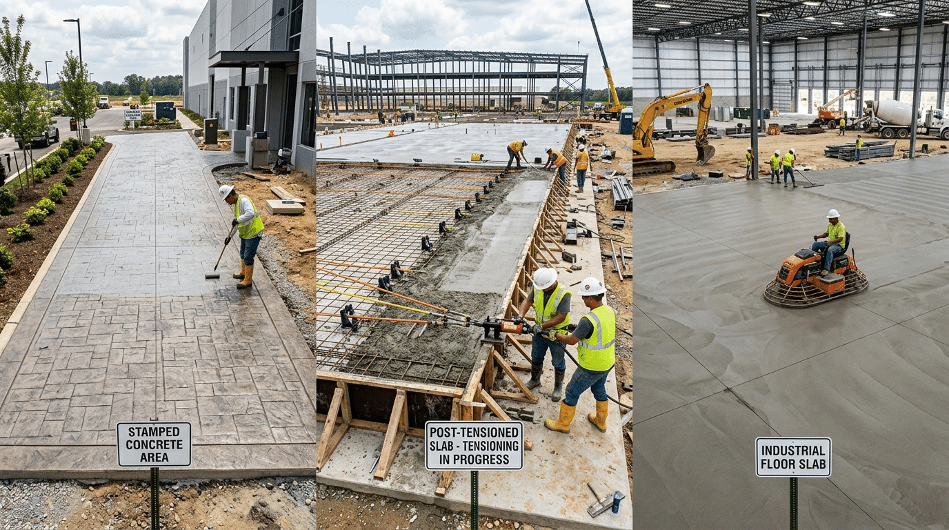 Stamped and post-tensioned concrete slab examples