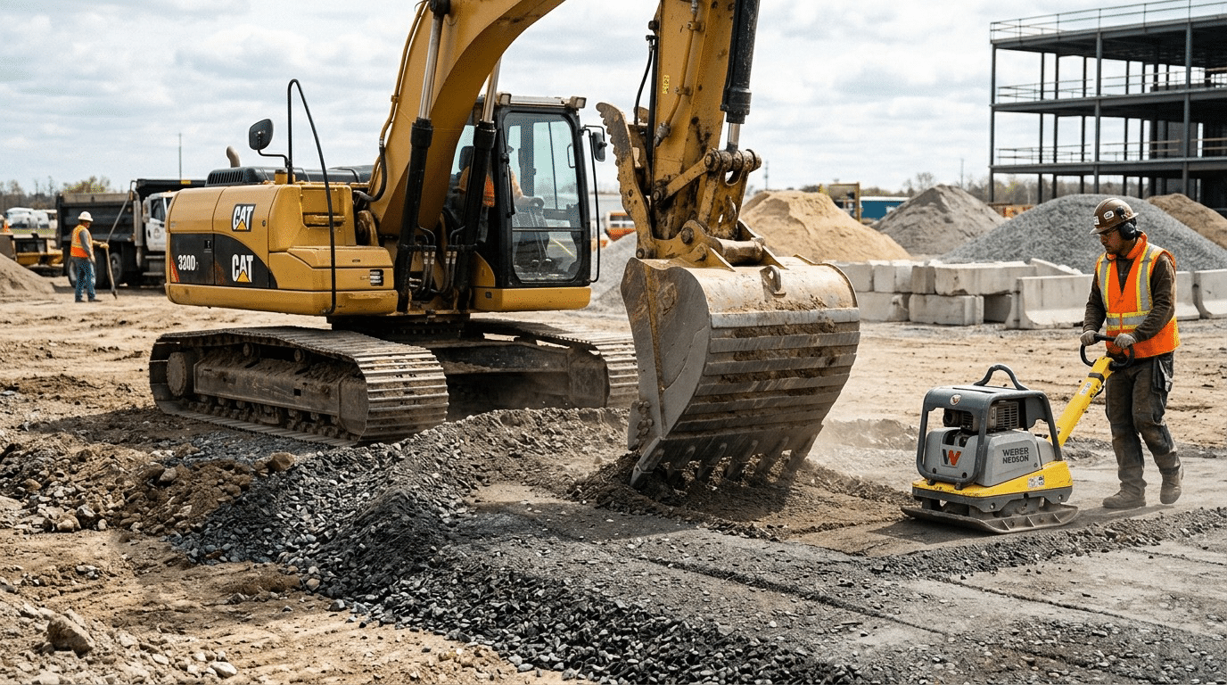 Site preparation and gravel base for a concrete slab
